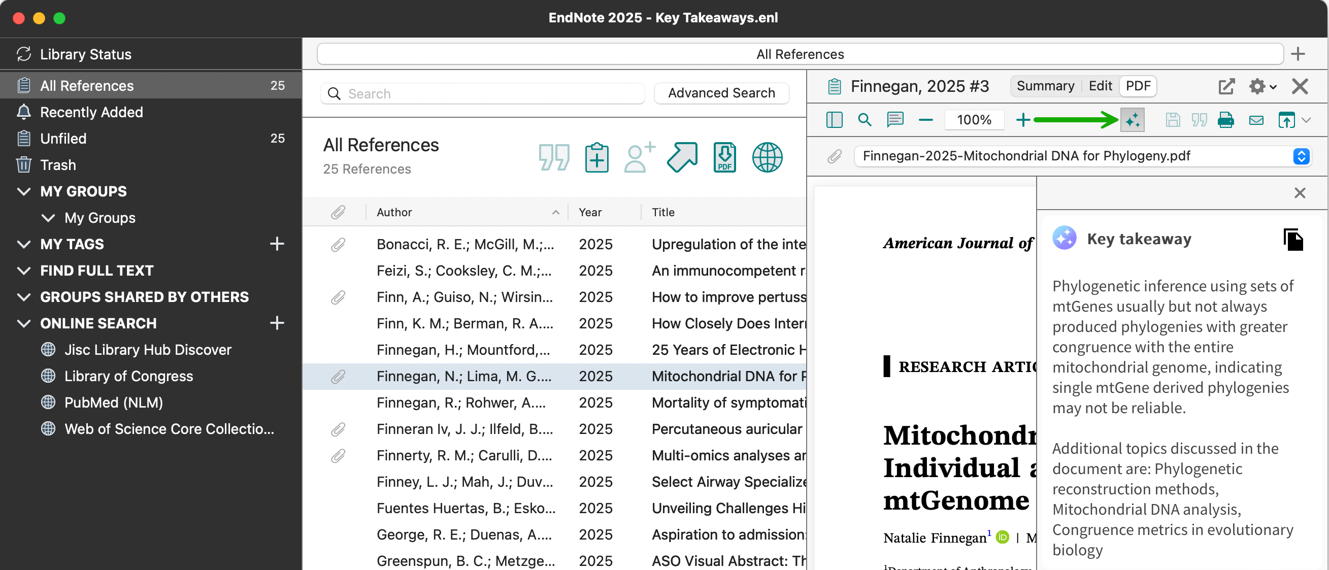Image of the Research Assistant showing a Key Takeaway in Mac